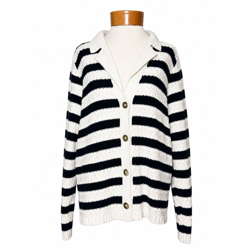 J.Jill Wearever Striped Cardigan Sweater Black White Womens Large Coastal Chic